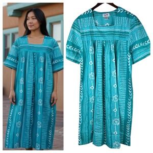 Vtg Saybury House Midi Dress Muumuu Sz 1X 16 18 Teal Southwestern Trad Wife